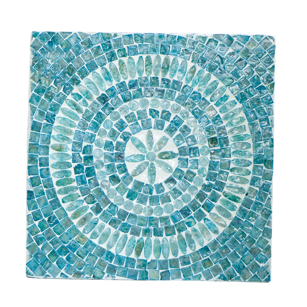 Benjara 14 Inch Capiz Accent Table Stool, Blue Mosaic Geometric Hourglass Shape