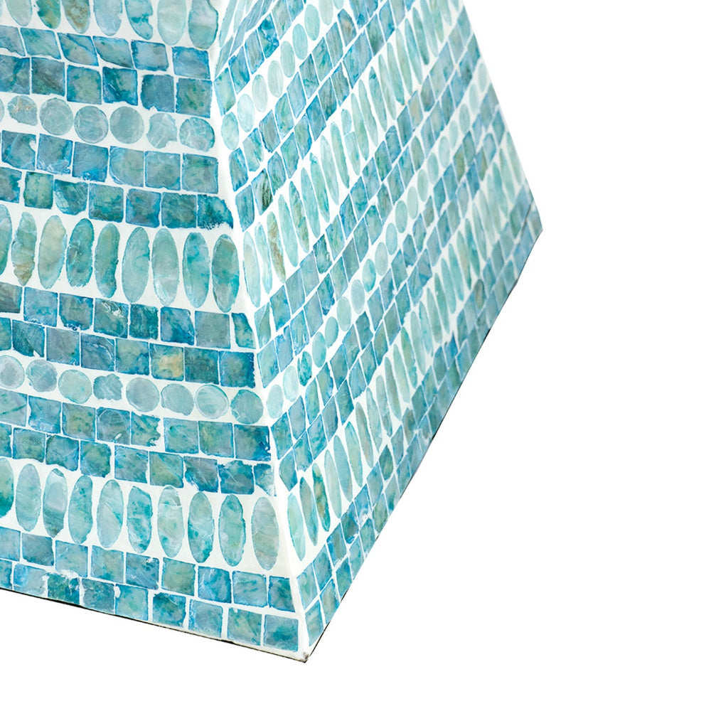 Benjara 14 Inch Capiz Accent Table Stool, Blue Mosaic Geometric Hourglass Shape