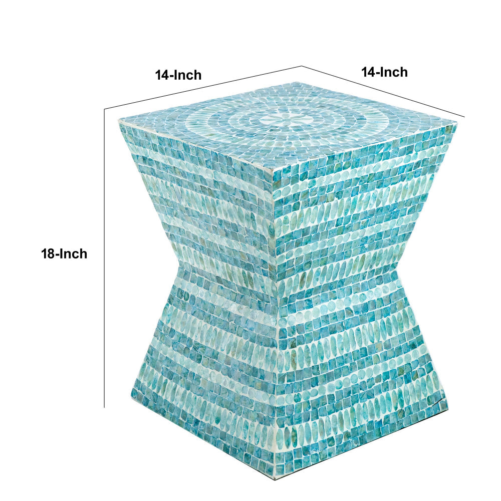 Benjara 14 Inch Capiz Accent Table Stool, Blue Mosaic Geometric Hourglass Shape