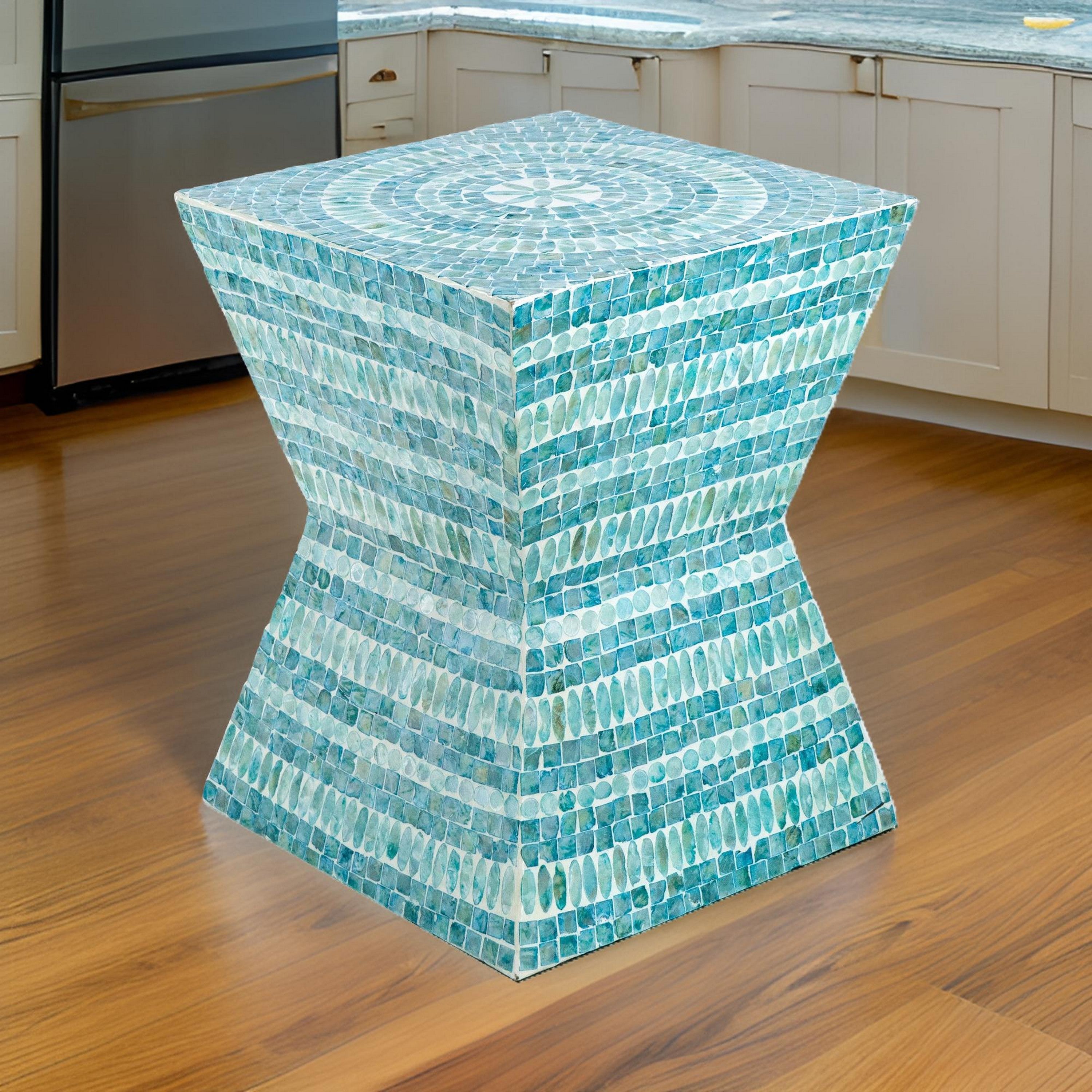 Benjara 14 Inch Capiz Accent Table Stool, Blue Mosaic Geometric Hourglass Shape