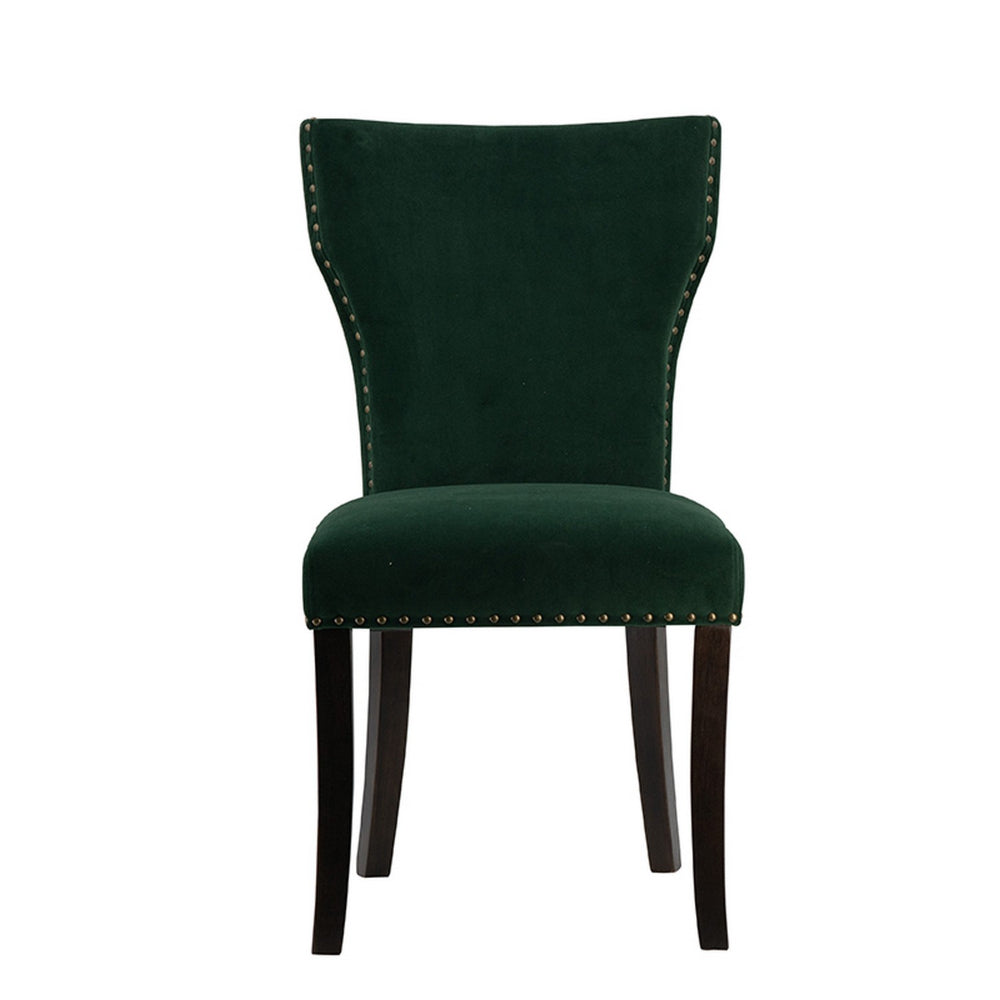 Benjara Devi 25 Inch Curved Dining Chair, Green Velvet Upholstery, Nailhead Trim