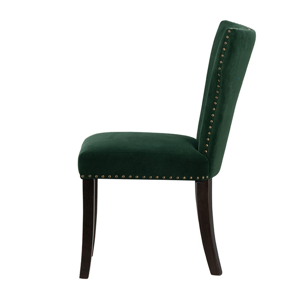 Benjara Devi 25 Inch Curved Dining Chair, Green Velvet Upholstery, Nailhead Trim