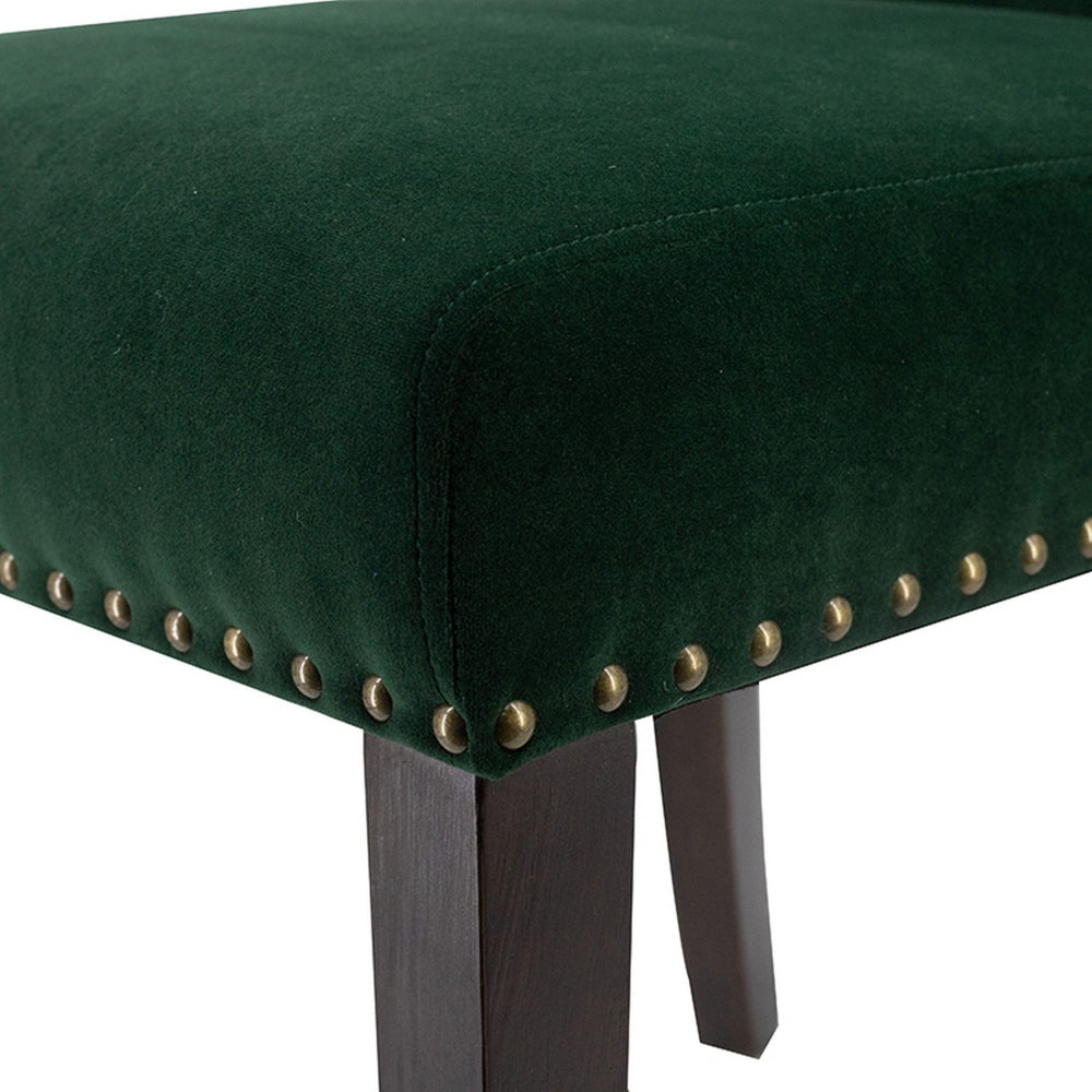 Benjara Devi 25 Inch Curved Dining Chair, Green Velvet Upholstery, Nailhead Trim