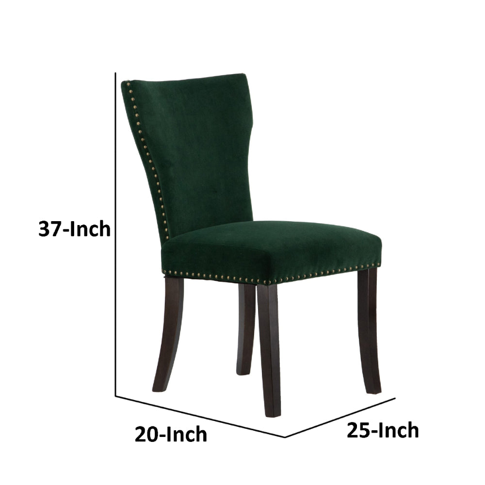 Benjara Devi 25 Inch Curved Dining Chair, Green Velvet Upholstery, Nailhead Trim