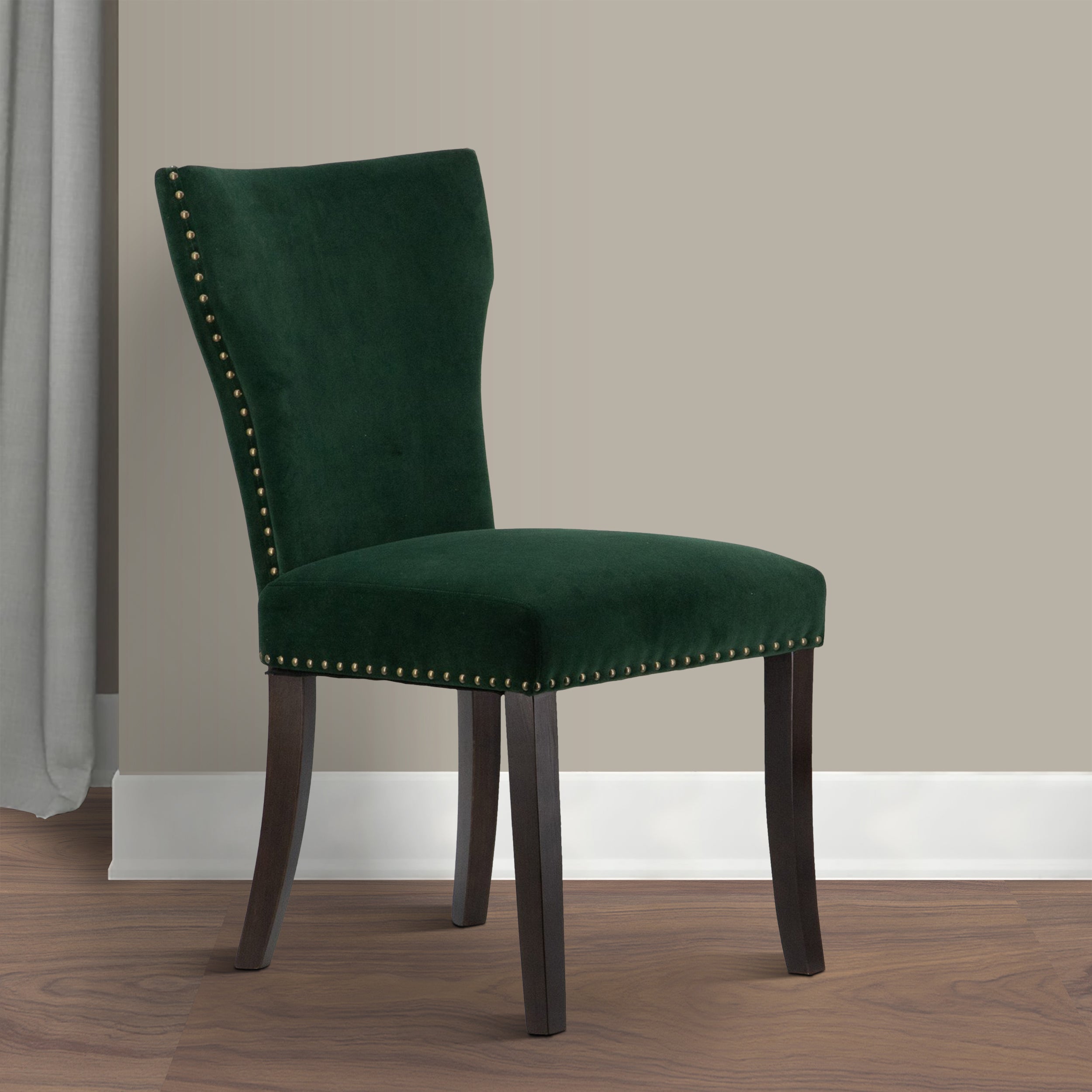 Benjara Devi 25 Inch Curved Dining Chair, Green Velvet Upholstery, Nailhead Trim