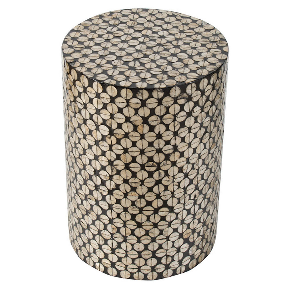 Benjara 20 Inch Stool Table, Round Wood Design, Modern, Capiz Inlay, Black, White