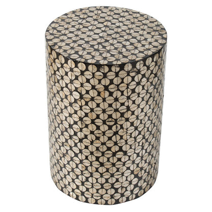 Benjara 20 Inch Stool Table, Round Wood Design, Modern, Capiz Inlay, Black, White