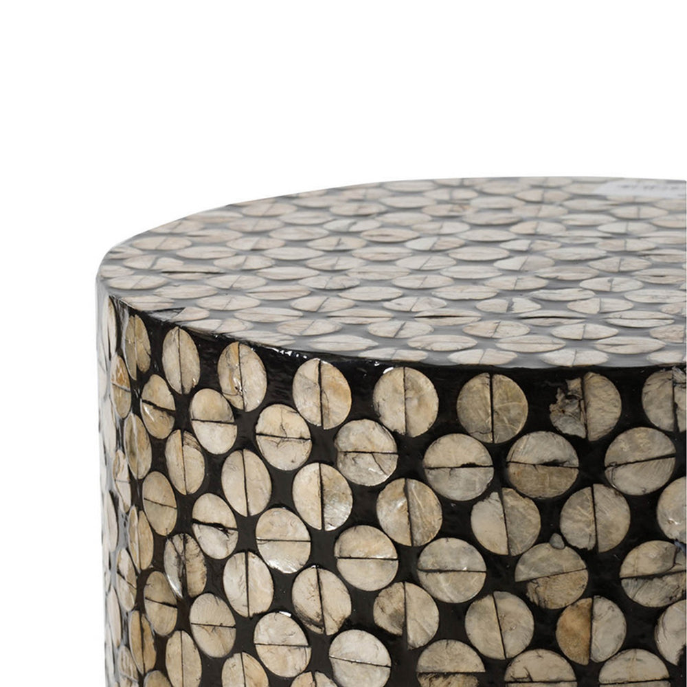 Benjara 20 Inch Stool Table, Round Wood Design, Modern, Capiz Inlay, Black, White