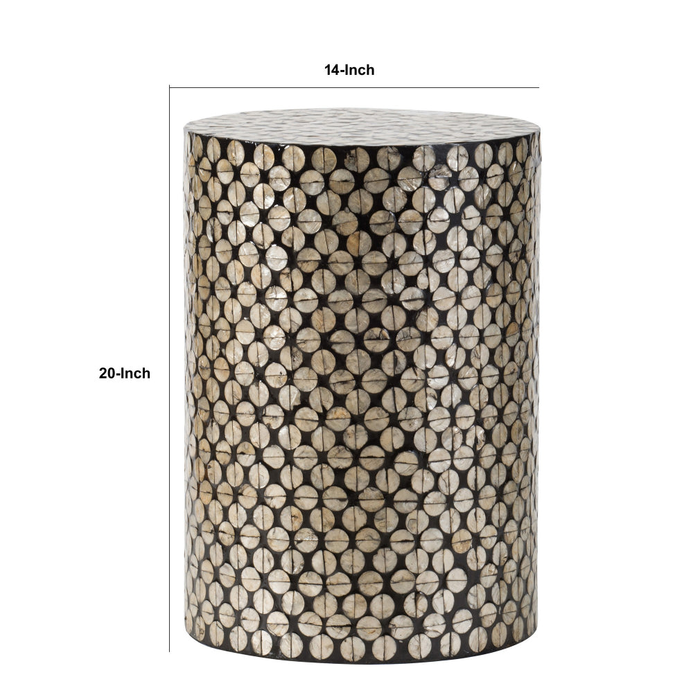 Benjara 20 Inch Stool Table, Round Wood Design, Modern, Capiz Inlay, Black, White