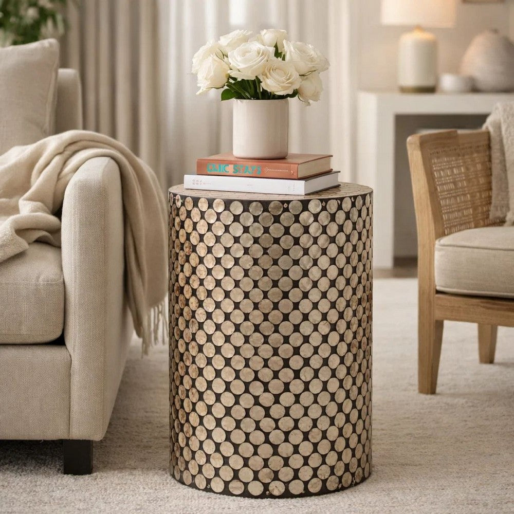 Benjara 20 Inch Stool Table, Round Wood Design, Modern, Capiz Inlay, Black, White
