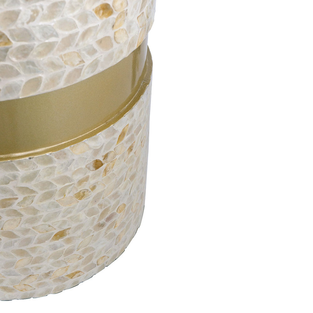 Benjara 16 Inch Stool Table, Wood, Capiz Shell Leaf Inlay, Modern, Gold Band, Ivory