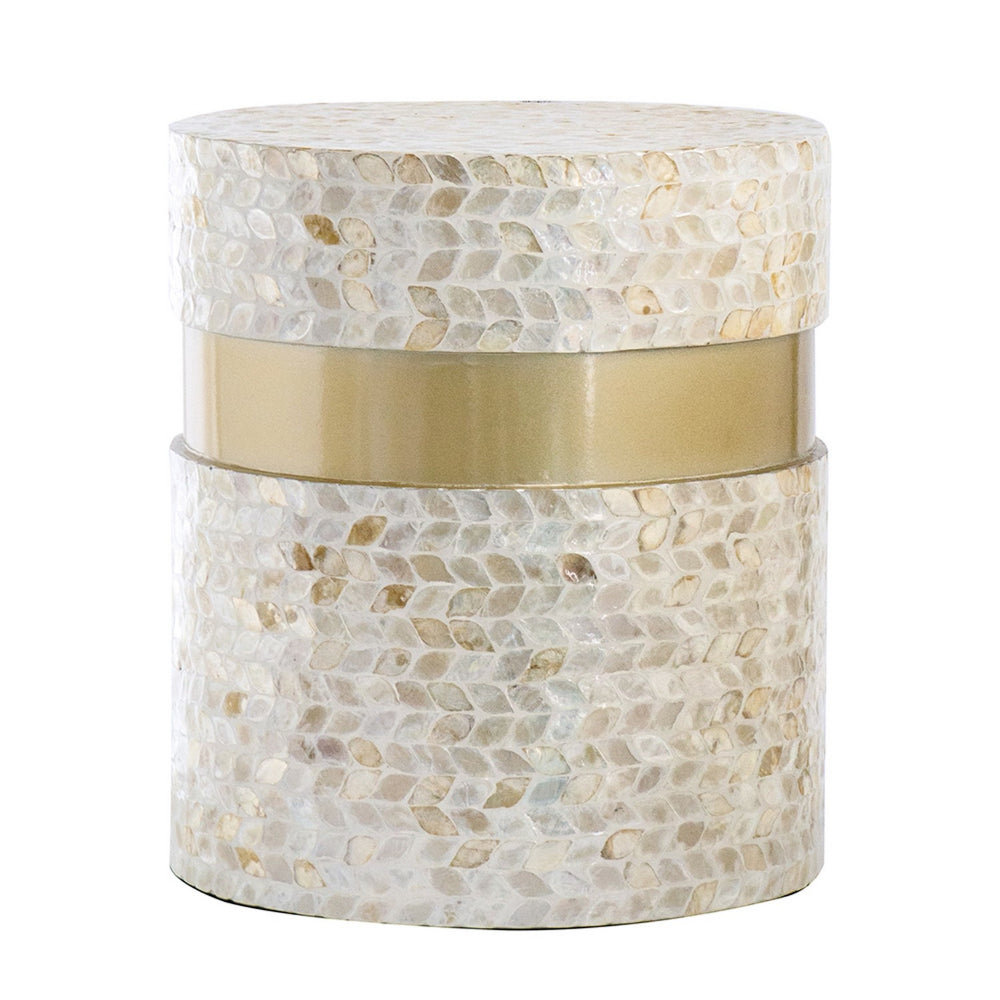 Benjara 16 Inch Stool Table, Wood, Capiz Shell Leaf Inlay, Modern, Gold Band, Ivory