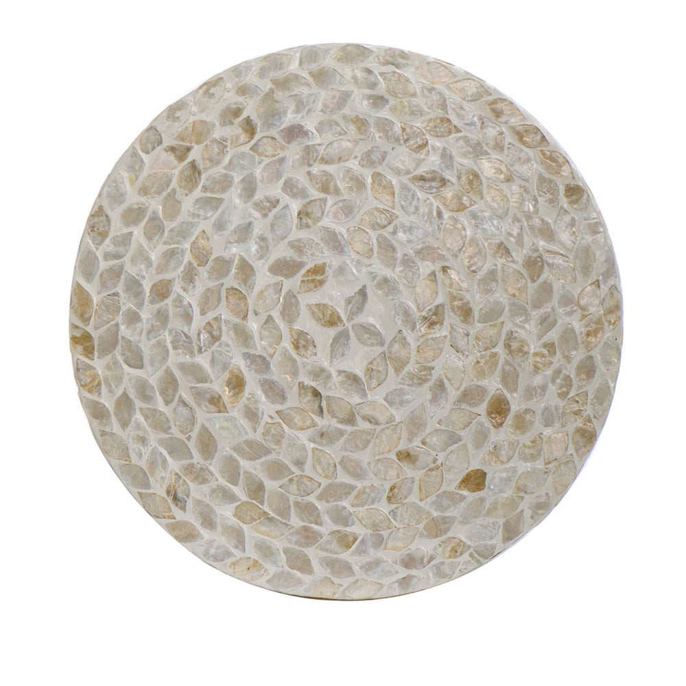 Benjara 16 Inch Stool Table, Wood, Capiz Shell Leaf Inlay, Modern, Gold Band, Ivory