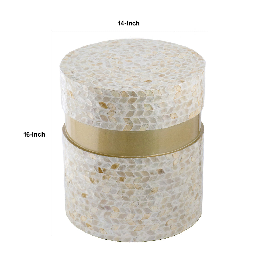 Benjara 16 Inch Stool Table, Wood, Capiz Shell Leaf Inlay, Modern, Gold Band, Ivory