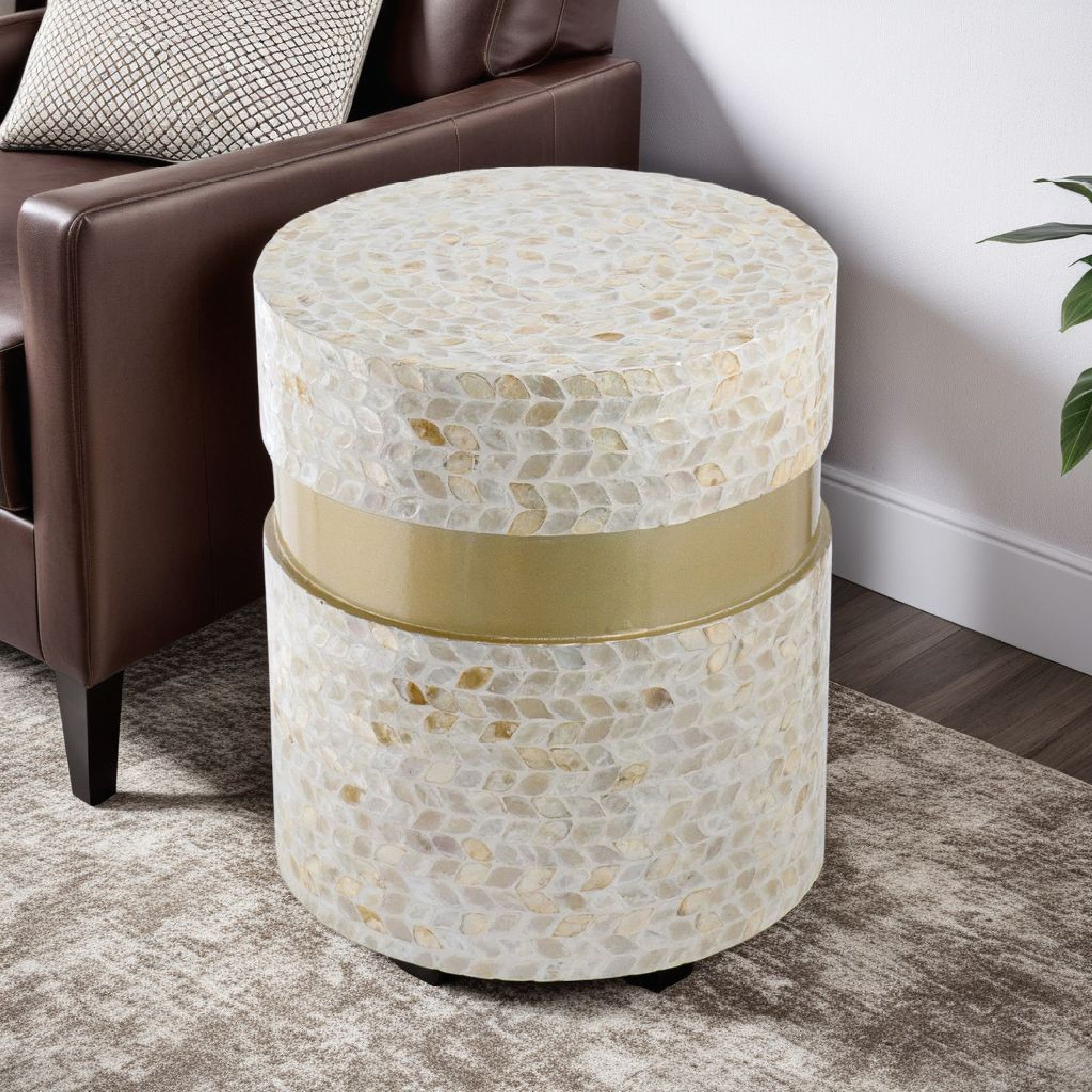 Benjara 16 Inch Stool Table, Wood, Capiz Shell Leaf Inlay, Modern, Gold Band, Ivory