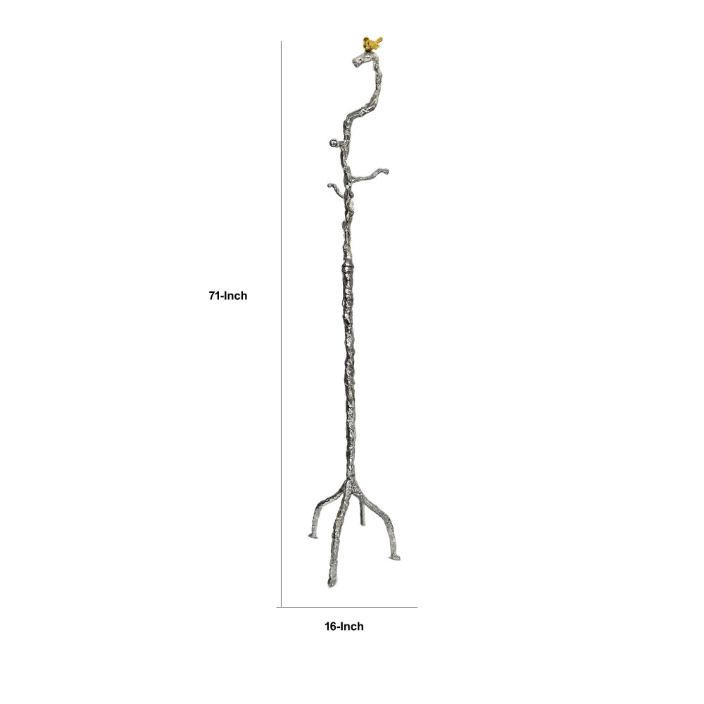 Benjara 71 Inch Modern Aluminum Coat Stand, Branch Accent, Perched Bird, Silver