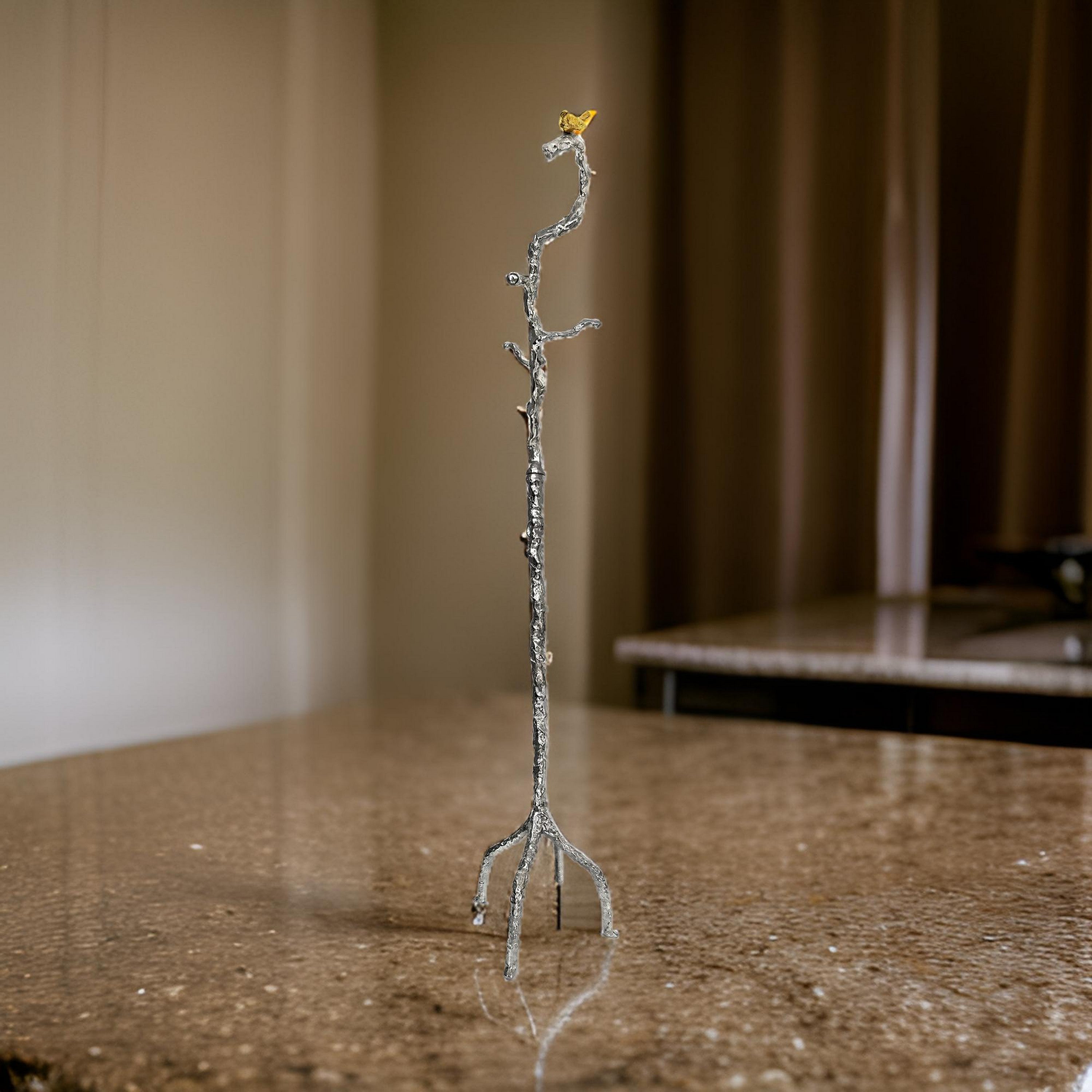 Benjara 71 Inch Modern Aluminum Coat Stand, Branch Accent, Perched Bird, Silver
