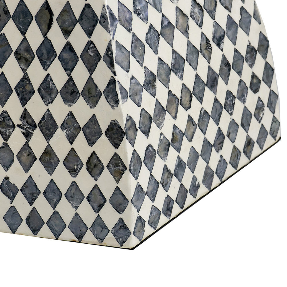 Benjara 17 Inch Modern Hexagonal Table Stool, Capiz Inlaid Platform, White, Black