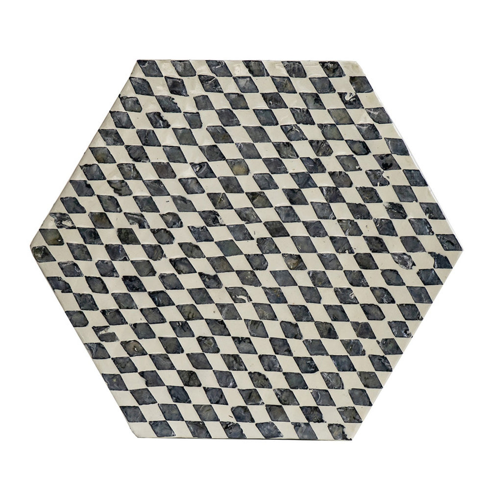 Benjara 17 Inch Modern Hexagonal Table Stool, Capiz Inlaid Platform, White, Black