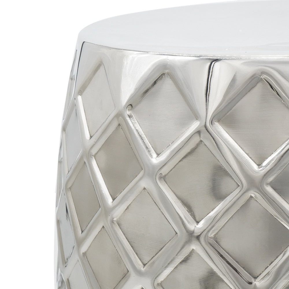 Benjara 20 Inch Stool Table, Modern, Aluminum Metal, Drum Shape, Elegant Silver