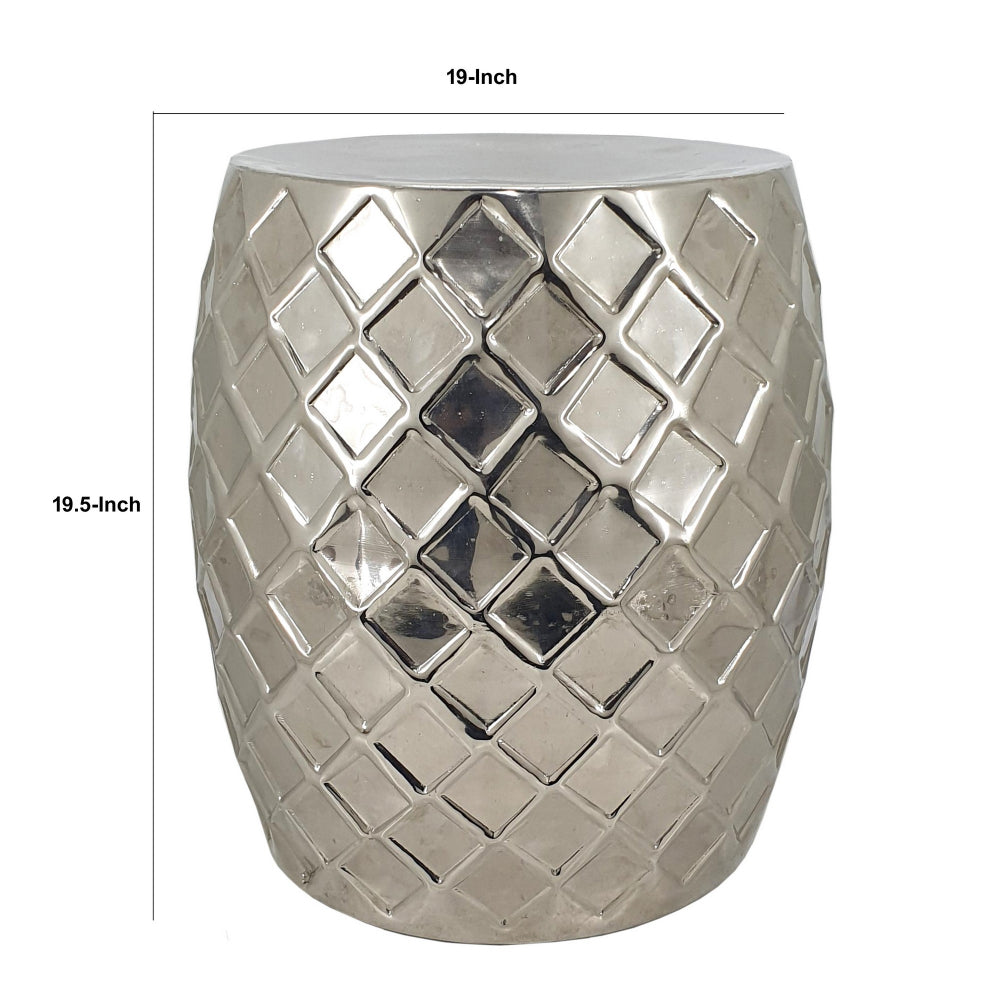 Benjara 20 Inch Stool Table, Modern, Aluminum Metal, Drum Shape, Elegant Silver