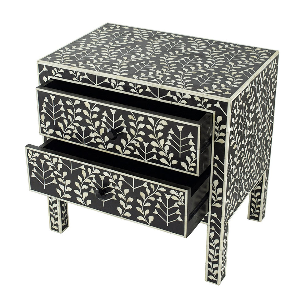 Benjara 24 Inch Storage Chest, 2 Drawers, Bone Inlay, Floral Pattern, Modern, Black