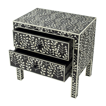 Benjara 24 Inch Storage Chest, 2 Drawers, Bone Inlay, Floral Pattern, Modern, Black
