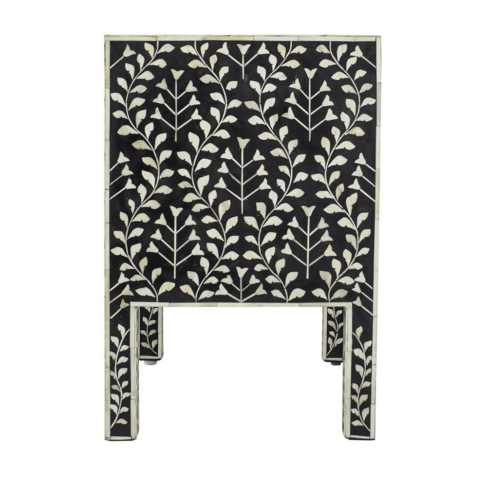 Benjara 24 Inch Storage Chest, 2 Drawers, Bone Inlay, Floral Pattern, Modern, Black