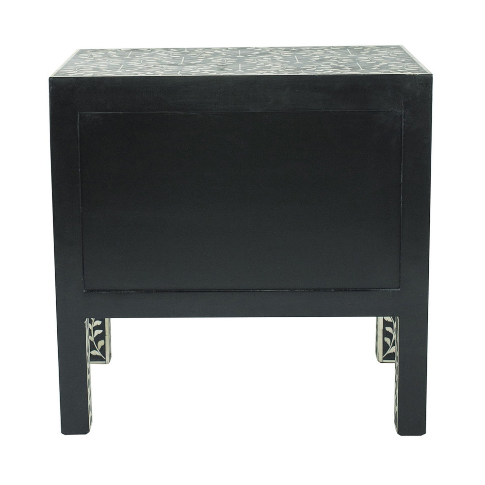 Benjara 24 Inch Storage Chest, 2 Drawers, Bone Inlay, Floral Pattern, Modern, Black