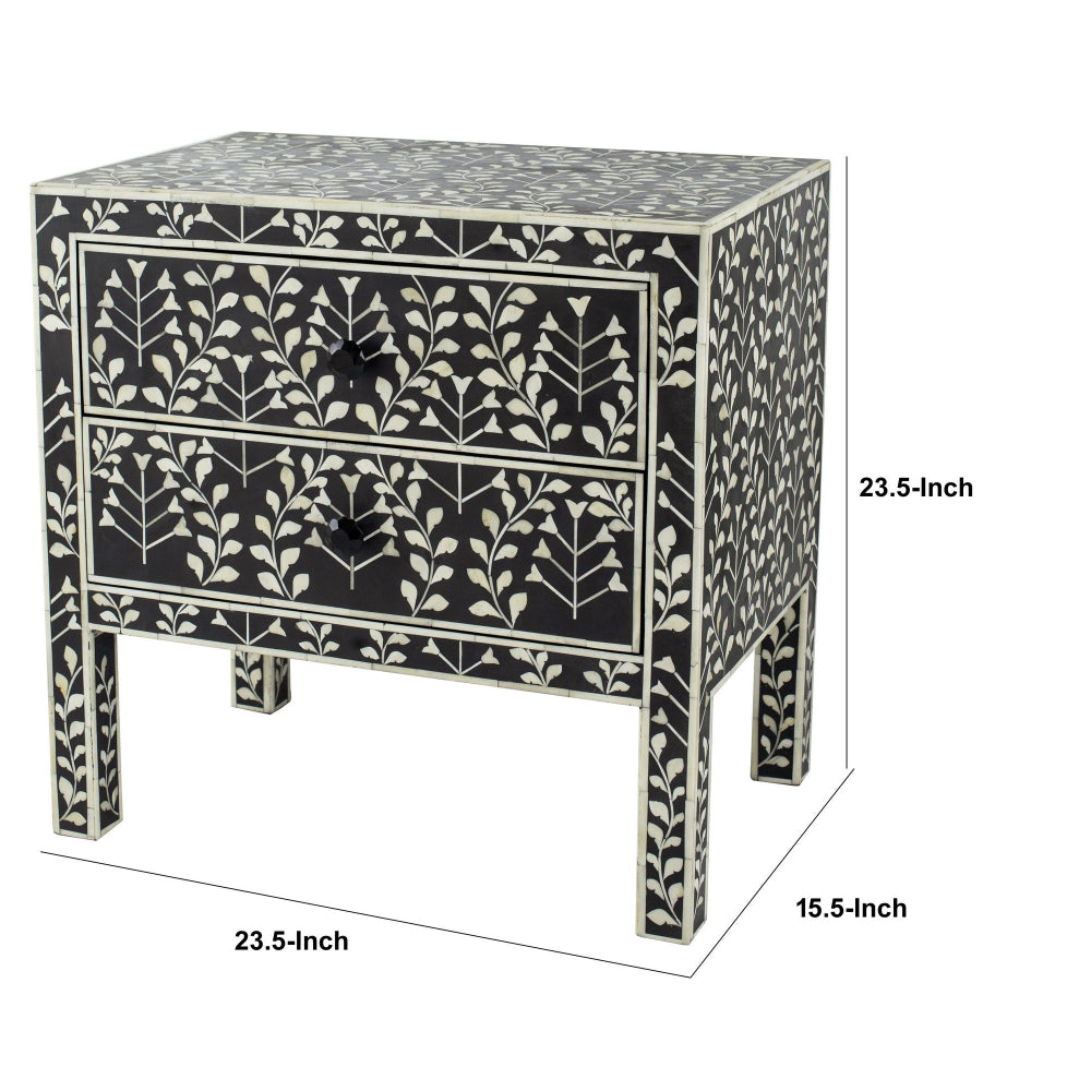 Benjara 24 Inch Storage Chest, 2 Drawers, Bone Inlay, Floral Pattern, Modern, Black