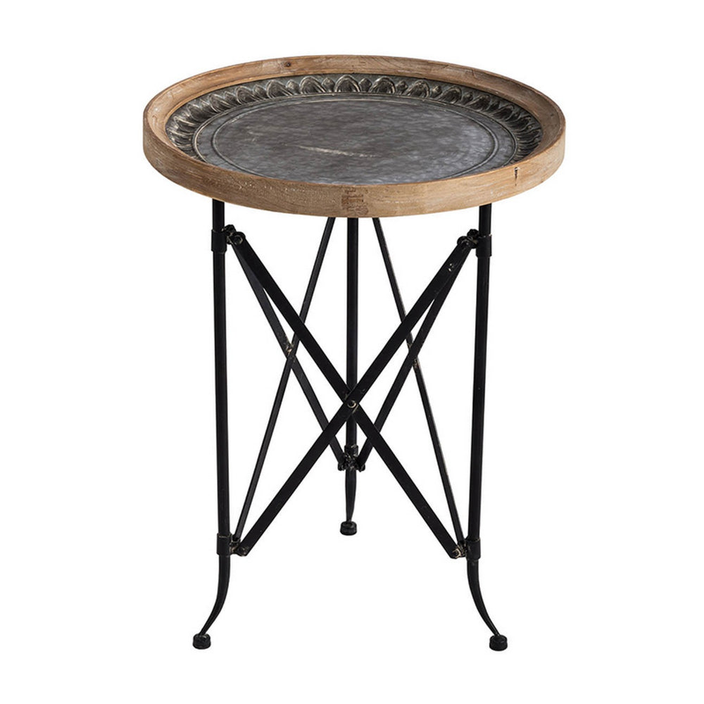 Benjara 25 Inch Classic Round Side Table, Wood Top, Metal Frame, Vintage, Brown