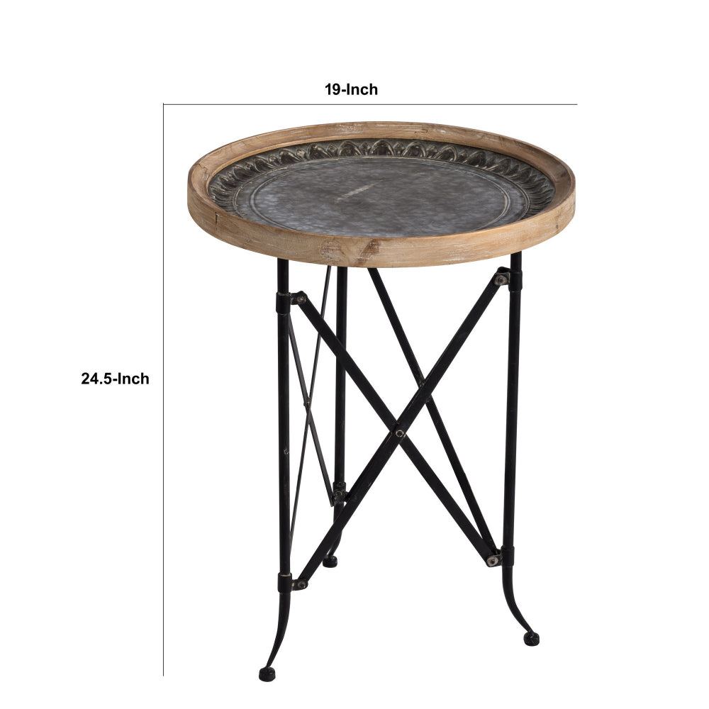 Benjara 25 Inch Classic Round Side Table, Wood Top, Metal Frame, Vintage, Brown