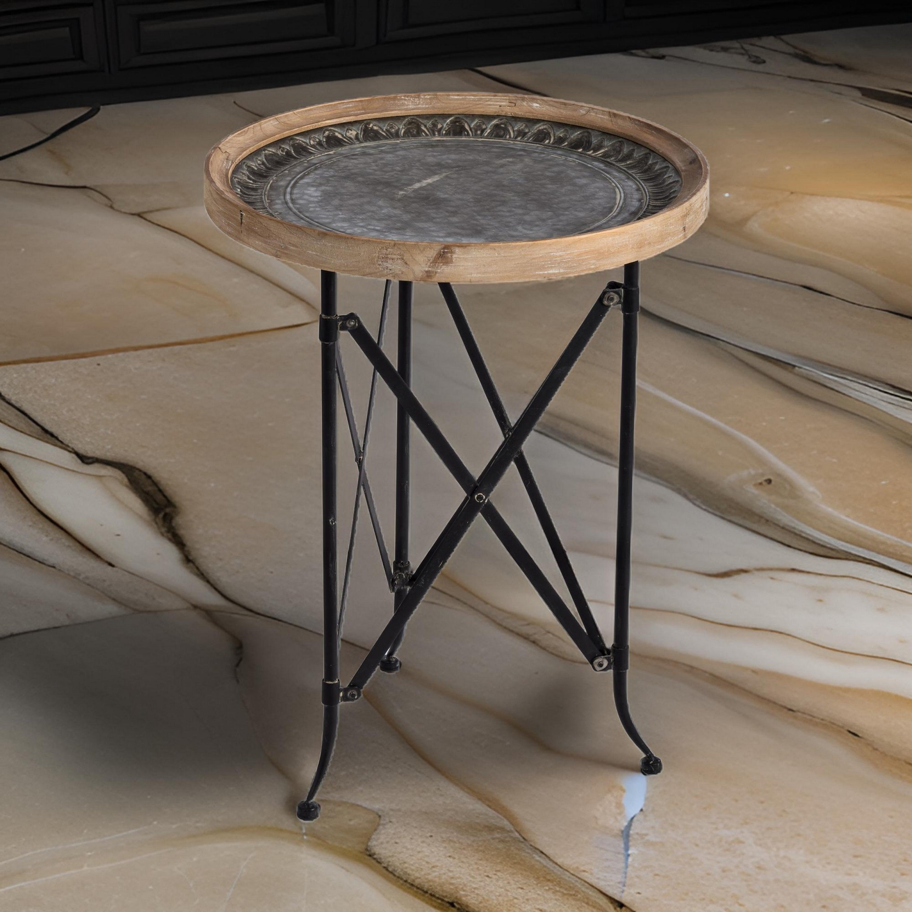 Benjara 25 Inch Classic Round Side Table, Wood Top, Metal Frame, Vintage, Brown