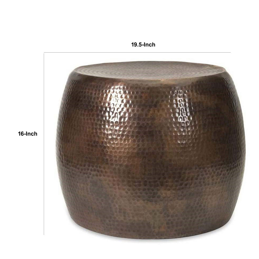 Benjara 20 Inch Classic Iron Low Accent Table, Round Top, Drum Shape, Brown