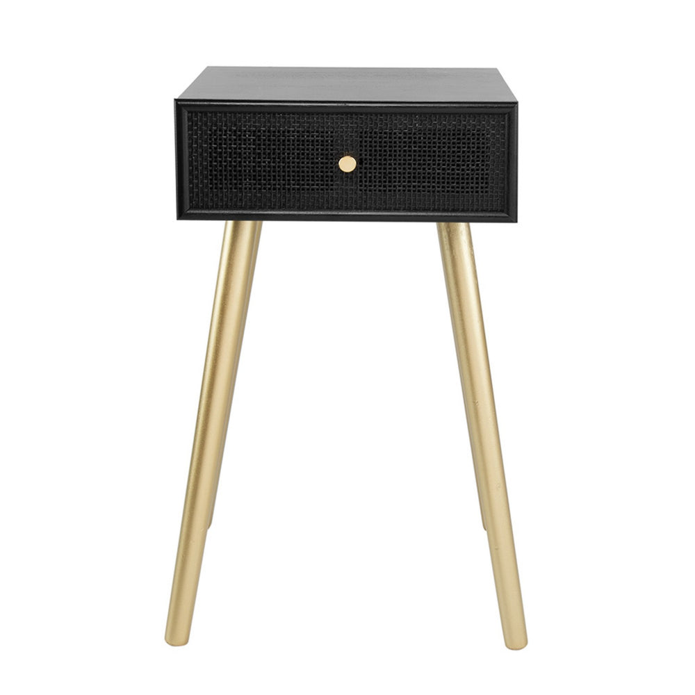 Benjara Gaia 28 Inch Pine Wood Side End Table, Gliding Rattan Drawer, Black, Gold