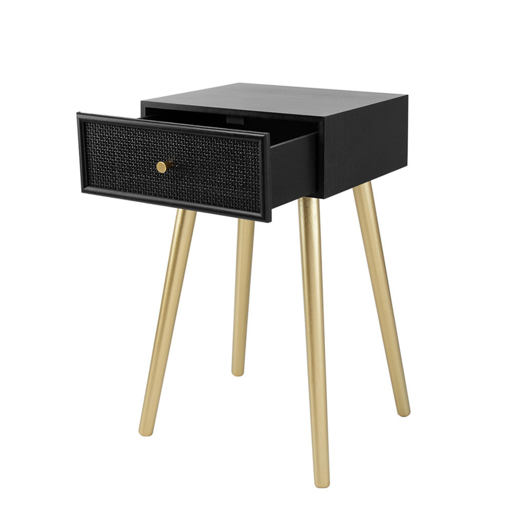 Benjara Gaia 28 Inch Pine Wood Side End Table, Gliding Rattan Drawer, Black, Gold