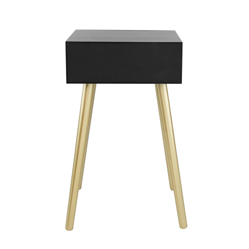 Benjara Gaia 28 Inch Pine Wood Side End Table, Gliding Rattan Drawer, Black, Gold