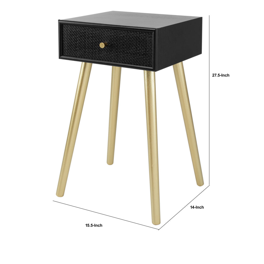Benjara Gaia 28 Inch Pine Wood Side End Table, Gliding Rattan Drawer, Black, Gold