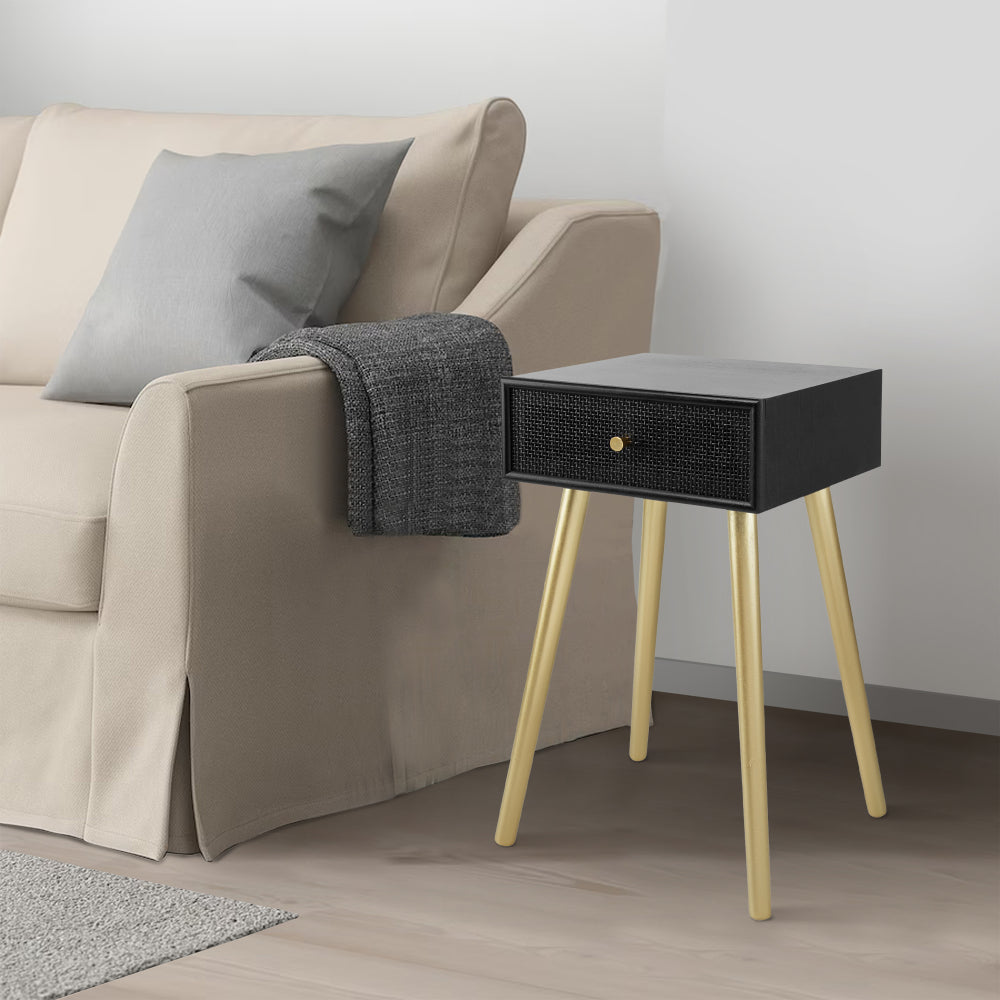 Benjara Gaia 28 Inch Pine Wood Side End Table, Gliding Rattan Drawer, Black, Gold
