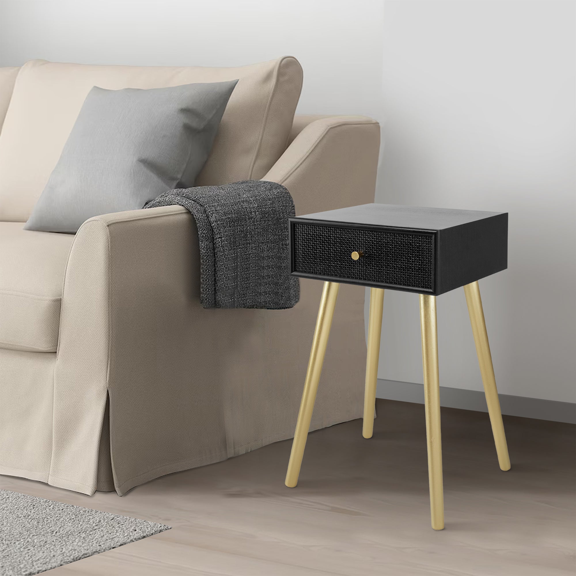 Benjara Gaia 28 Inch Pine Wood Side End Table, Gliding Rattan Drawer, Black, Gold