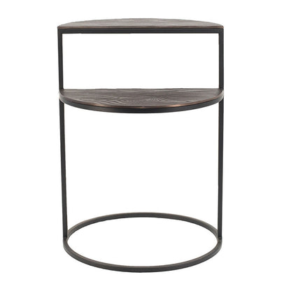 Benjara 22 Inch Modern Metal Round Accent Table, 2 Half Circle Shelves, Wood, Brown