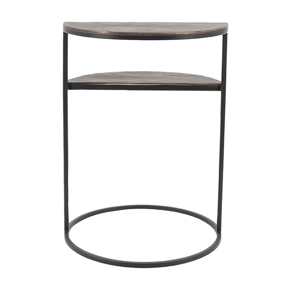 Benjara 22 Inch Modern Metal Round Accent Table, 2 Half Circle Shelves, Wood, Brown