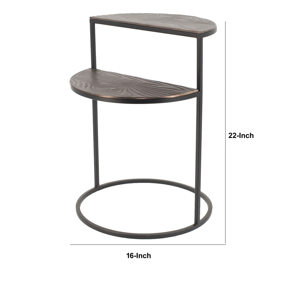 Benjara 22 Inch Modern Metal Round Accent Table, 2 Half Circle Shelves, Wood, Brown