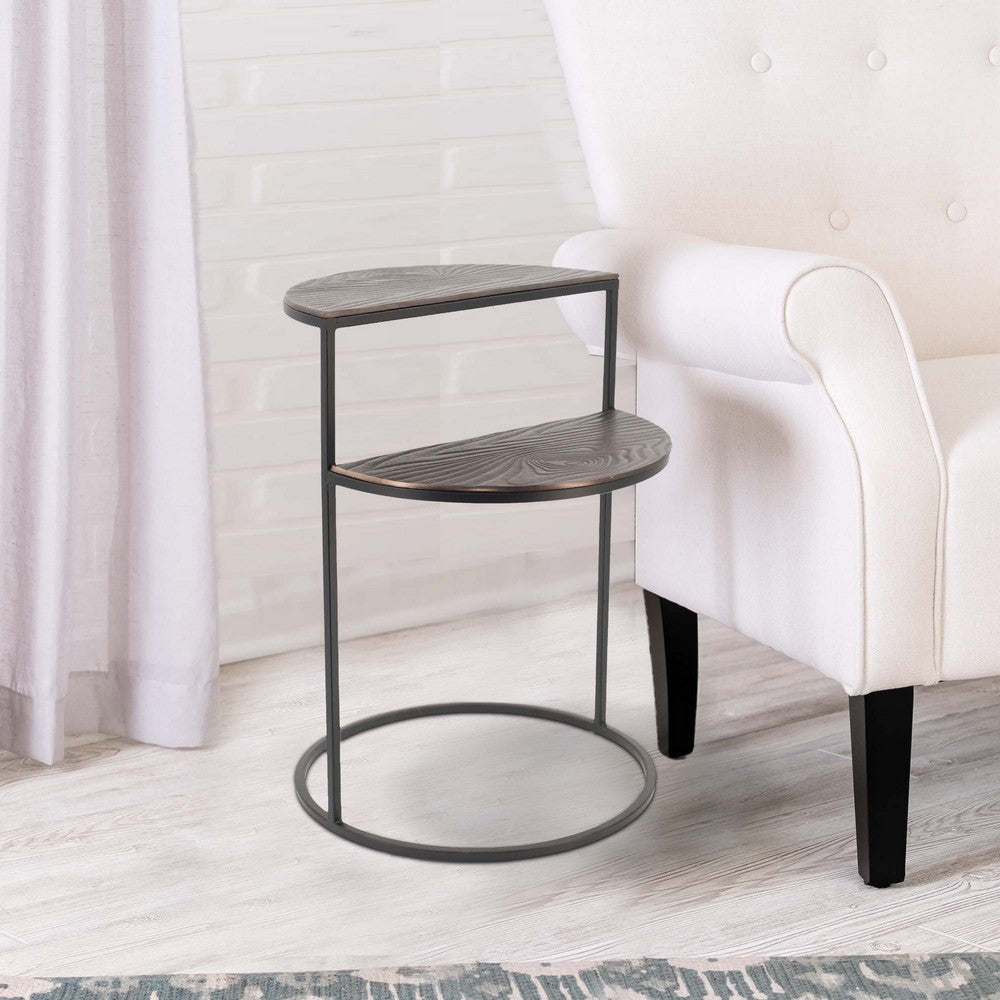 Benjara 22 Inch Modern Metal Round Accent Table, 2 Half Circle Shelves, Wood, Brown