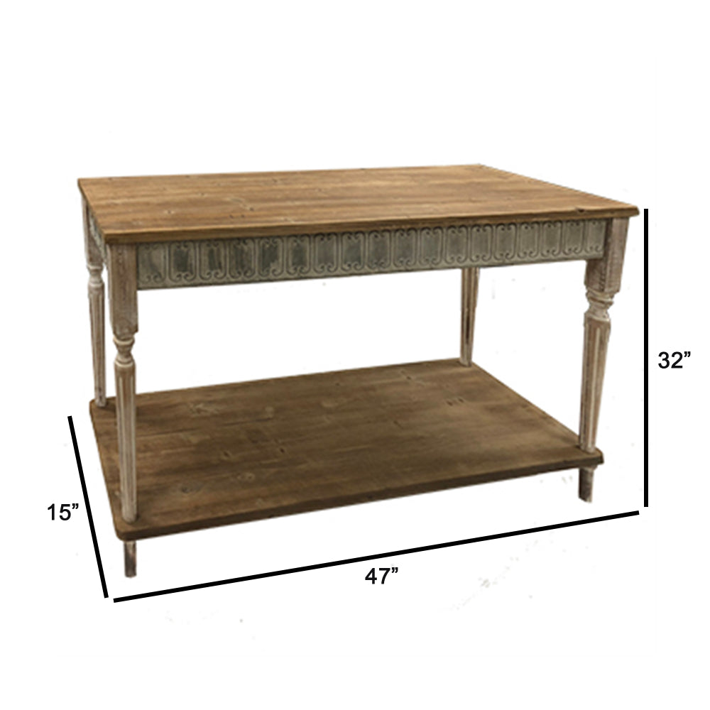 Benjara 47 Inch Wood Console Table, 1 Open Shelf, Embossed Details, Weathered Brown