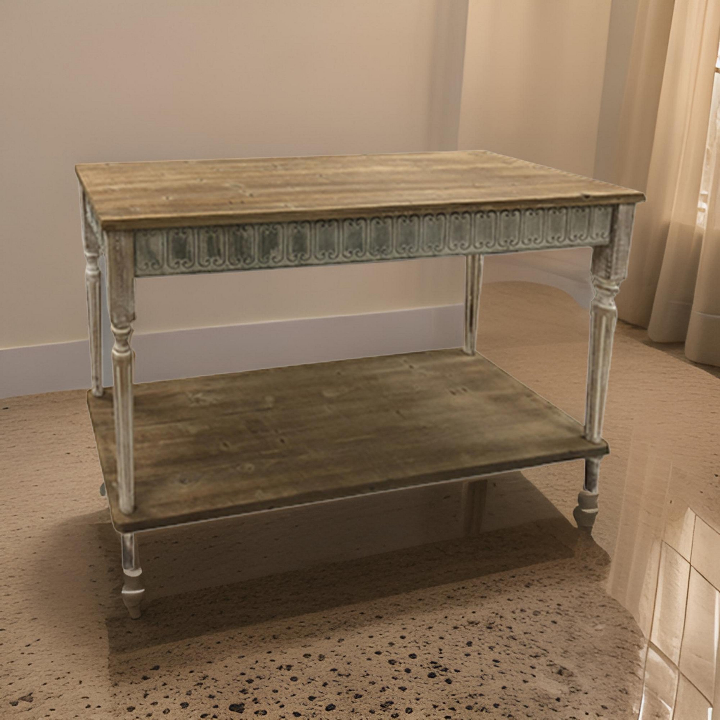 Benjara 47 Inch Wood Console Table, 1 Open Shelf, Embossed Details, Weathered Brown