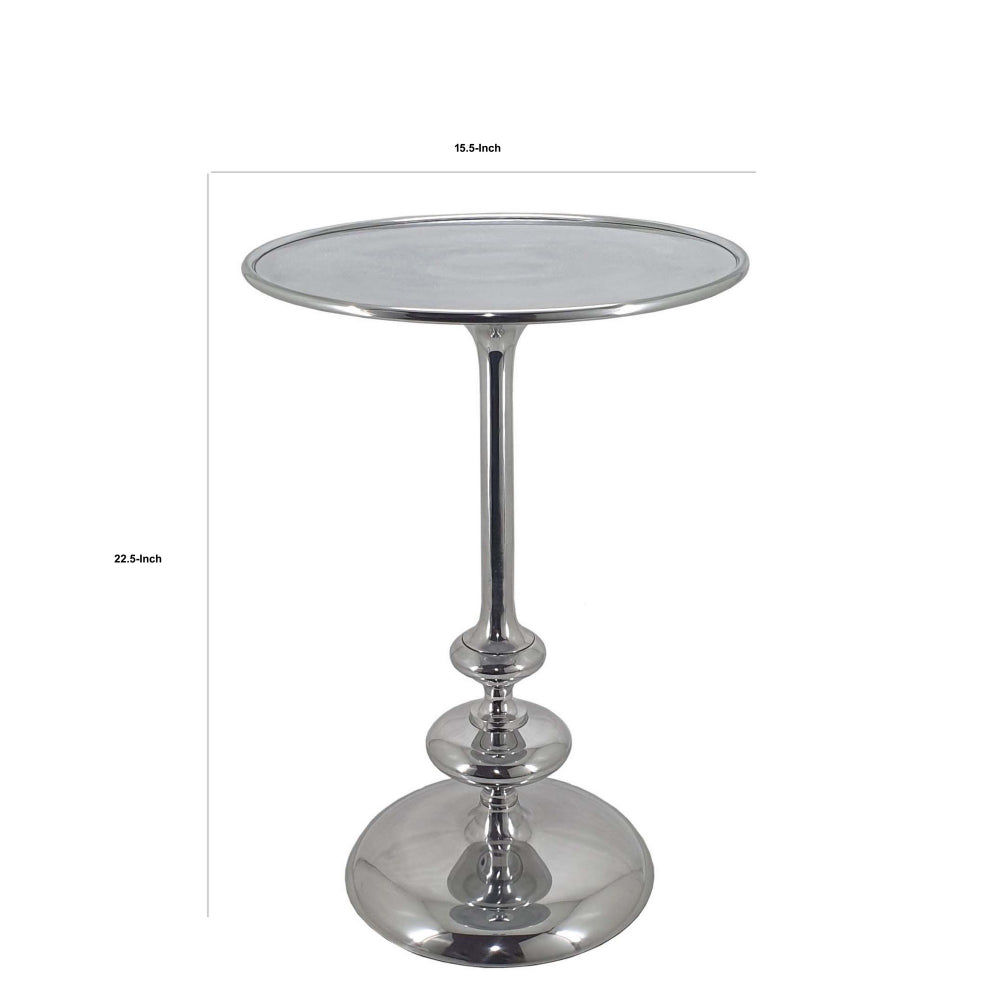 Benjara 23 Inch Modern Aluminum Side Table, Round Tabletop And Base, Carved, Silver