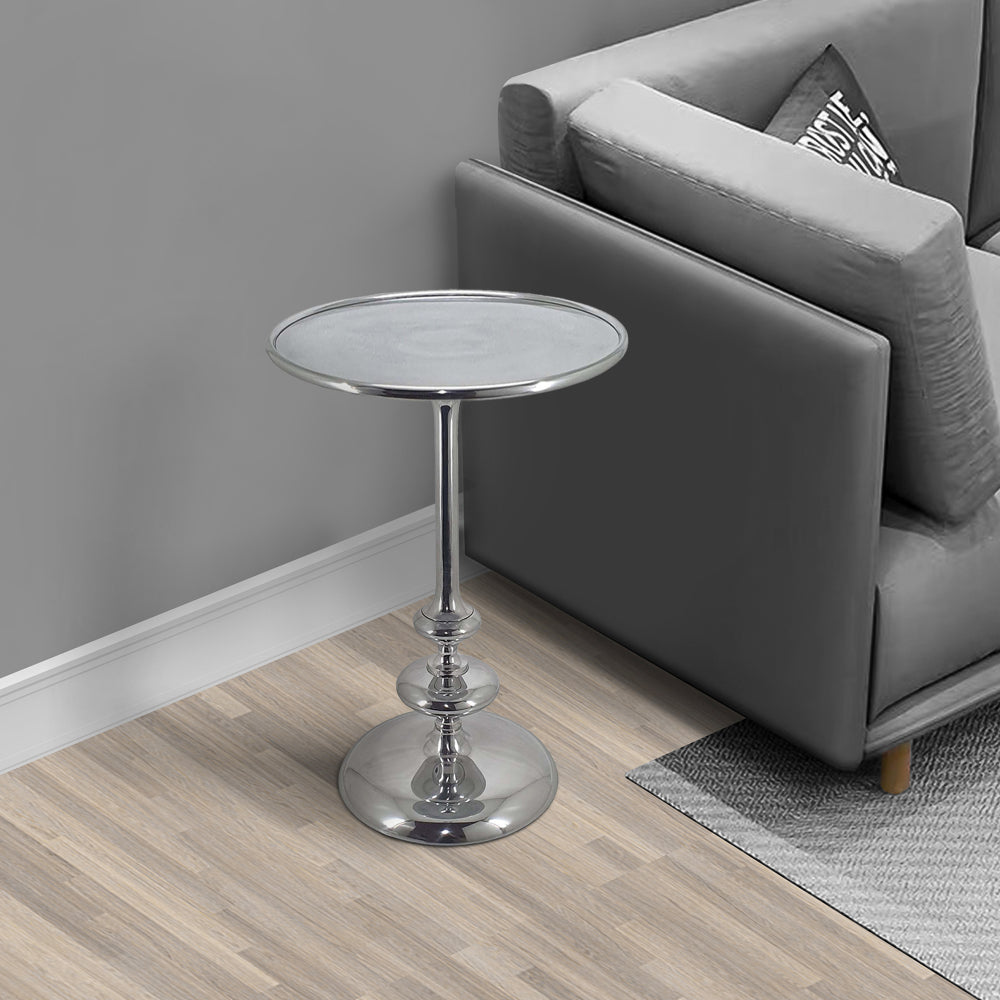 Benjara 23 Inch Modern Aluminum Side Table, Round Tabletop And Base, Carved, Silver