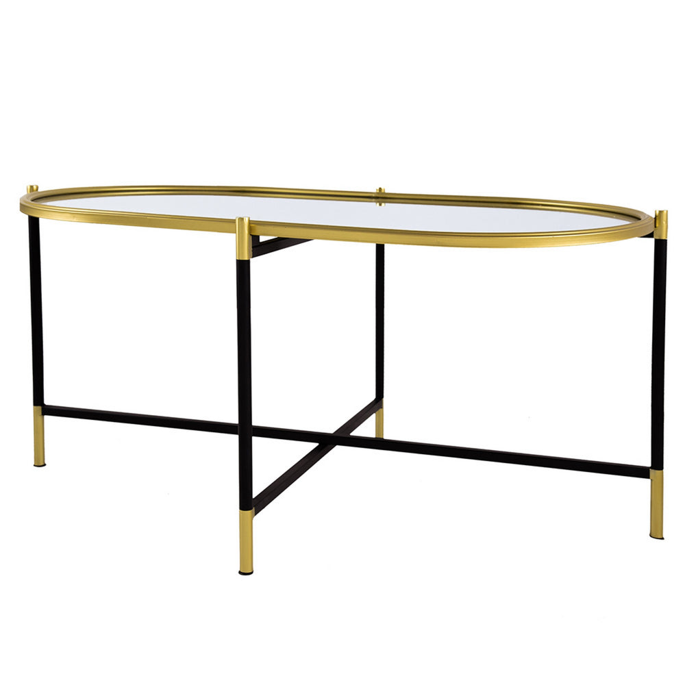 Benjara 43 Inch Elongated Mirror Top Coffee Table, Iron Frame, Gold Finish, Black