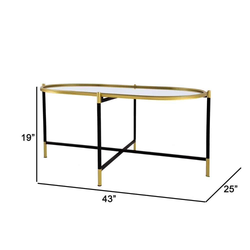 Benjara 43 Inch Elongated Mirror Top Coffee Table, Iron Frame, Gold Finish, Black